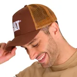 Gorro gris tipo trucker con logo de Caterpillar bordado en blanco en el frente. La parte trasera es de malla.