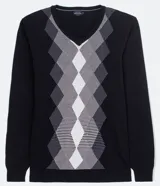 Suéter negro de algodón con cuello en V y estampado argyle en tonos grises y blancos.
