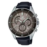 Reloj Casio Edifice con correa de cuero negra, caja plateada y esfera gris con detalles en marrón.
