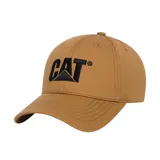 Gorro de béisbol color marrón con logo de Caterpillar bordado en negro en el frente. Cuenta con visera curva y correa ajustable en la parte trasera.