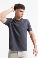 Remera gris de manga corta con cuello redondo y estampado pequeño en el pecho. Corte clásico.