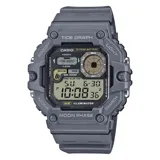 Reloj digital Casio con caja de resina gris, pantalla digital con gráfico de mareas y fases lunares, cronómetro, temporizador, hora dual, alarma y calendario.