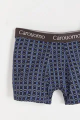 Boxer ajustado a rayas verticales azul marino y blancas, con cintura elástica gris con el logo de la marca Carouomo.