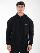 Canguro negro de algodón sin felpa, con capucha y bolsillo tipo canguro. Estampado con la palabra 'GAINS' en el pecho.