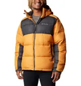 Campera puffer Columbia Pike Lake II Hooded para hombre, color verde oliva y negro. Cuenta con tecnología Omni-Heat Reflective, capucha ajustable, bolsillos con cierre y puños elásticos.