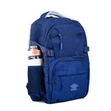 Mochila negra con bolsillo frontal y detalles en colores más claros, diseñada para uso diario.
