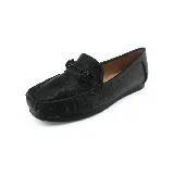 Mocasines de cuero negro con detalle de hebilla metálica en el empeine y suela plana.