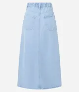 Pollera midi evasé de jeans con trabillas en la cintura, cierre con botón y cremallera, bolsillos traseros y recorte vertical.