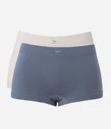 Kit de dos bombachas boyshort sin costuras, una color crudo y otra azul grisáceo, con etiqueta frontal con logo LOV.