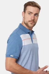 Remera polo de jersey con rayas horizontales en tonos de azul y blanco.