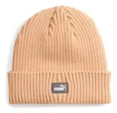 Gorro tejido de color tostado con doblez y logo de la marca en la parte frontal.