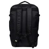 Mochila negra de poliéster ripstop con correas ajustables para los hombros con malla transpirable, asas laterales de tela, asa de tela, bolsillo frontal con cremallera, correa ajustable para el pecho, compartimento principal trasero con bolsillo acolchado para un ordenador portátil, correas de compresión en los laterales, detalles de cordones y logotipo reflectante estampado.