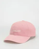 Gorra de béisbol rosa con logo de Carhartt bordado en blanco.