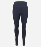 Calza deportiva larga color azul marino con cintura alta texturizada y ribetes blancos a los costados.