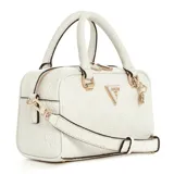 Bolso Guess modelo Cresidia, color blanco con estampado de flores en relieve y logo triangular metálico dorado. Tiene doble asa corta y correa larga ajustable y extraíble. Incluye llavero con dijes colgantes.
