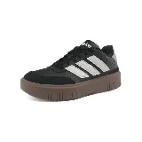 Zapatillas urbanas Adidas Courtblock Bold de cuero sintético negro con detalles en gris y blanco. Plataforma marrón con suela dentada.