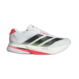 Championes de running Adidas Adizero Boston 13, color blanco con detalles en negro y rojo.