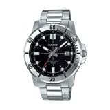 Reloj Casio con caja y correa de acero plateado, esfera negra, cristal mineral y resistencia al agua 50m.
