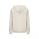 Campera con capucha color crema, con cierre frontal y bolsillos tipo canguro.
