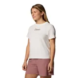 Remera blanca de algodón orgánico con cuello redondo y logo de Columbia estampado en el pecho.