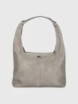 Cartera hobo de cuero sintético color gris con correa de hombro ajustable.
