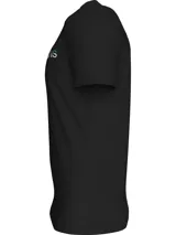 Remera negra de algodón con cuello redondo y mangas cortas. Estampado frontal con el logo "Calvin Klein Jeans" en letras blancas y verde agua.