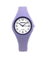 Reloj Mistral deportivo con correa de silicona color violeta y esfera blanca con números negros.
