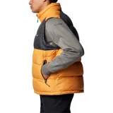Chaleco acolchado Columbia Pike Lake II para hombre, color naranja y negro, con cierre frontal, cuello alto y bolsillos laterales con cierre.