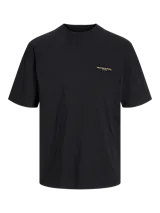 Camiseta negra de manga corta con cuello redondo y corte amplio. Estampado en la espalda con un paisaje y texto en color naranja.