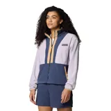 Campera Columbia de microfibra aterciopelada, con cierre frontal completo, bolsillos laterales con cremallera, ribete elástico en puños y dobladillo, y detalle de nailon en el pecho.