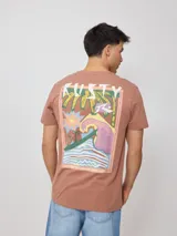 Remera amarilla de algodón con estampado del logo de la marca Rusty en el frente y en la espalda.