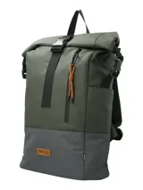 Mochila RKF color verde con detalles en gris. Fabricada con poliéster reciclado repelente al agua, con múltiples bolsillos y compartimentos, forro interior 100% poliéster reciclado, correas ajustables y llavero mosquetón.