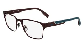 Armazón para lentes de receta Lacoste, color bordó con detalles en azul y blanco.