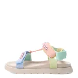 Sandalias estilo Teva con plataforma color beige y tiras de tela en colores pastel: celeste, verde, rosa y naranja.