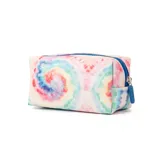 Neceser rectangular con estampado tie-dye multicolor, cierre superior con cremallera azul y tirador de goma a tono.