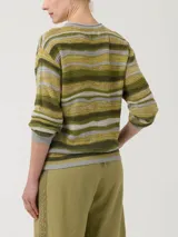 Sweater de punto con cuello redondo y mangas largas, con diseño de rayas horizontales en tonos verde oliva, gris y dorado.