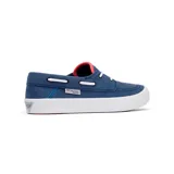 Zapato náutico Columbia Slack Tide Boat PFG de lona azul con cordones blancos, suela blanca y detalles en rojo en el talón.