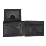 Billetera negra de cuero con diseño compacto y sistema RFID para mayor seguridad.