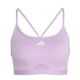 Top deportivo Adidas Aeroreact color lila con logo blanco en el centro, breteles finos cruzados en la espalda y detalle de malla en el frente.