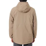 Campera color beige con capucha, cierre frontal con cremallera, bolsillos laterales y puños elásticos.