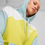 Hoodie Puma Power para mujer, color celeste con bloques de color blanco y amarillo. Logo de Puma estampado en el pecho.