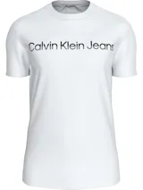 Remera blanca de algodón con cuello redondo y mangas cortas. Estampado frontal con el logo "Calvin Klein Jeans" en color negro.