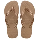 Ojotas Havaianas modelo Top Tiras, color dorado metálico, con tiras finas que presentan un patrón trenzado en relieve.