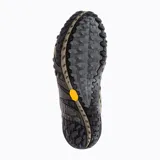Zapato de senderismo color verde oliva con detalles en negro, capellada de cuero flor, forro de malla transpirable, plantilla anatómica Ortholite™, entresuela de espuma EVA moldeada por compresión y suela Vibram®.