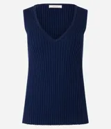 Blusa sin mangas de punto acanalado color azul marino, con escote en pico.