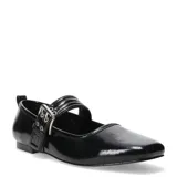 Ballerinas negras charoladas con punta cuadrada, tira sobre el empeine con hebilla plateada y detalle de elástico en el talón.