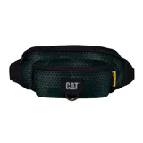 Riñonera unisex Caterpillar modelo Raymond, color verde azulado con detalles en negro y logo de la marca en amarillo. Cuenta con bolsillo trasero secreto, hebilla para llavero, correa ajustable y dos compartimentos con cierre. Capacidad de 2 litros.