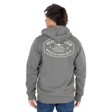 Canguro con cierre gris con capucha y cordones ajustables, bolsillos frontales y logo estampado en el pecho.