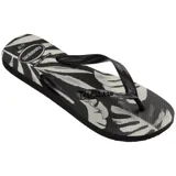 Sandalias Havaianas modelo Aloha, color azul con estampado de palmeras en verde y amarillo.