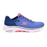 Championes deportivos Skechers Go Walk 7 Cosmic Waves, color azul con detalles en rosa. Capellada de malla con cordones elásticos, plantilla Air-Cooled Goga Mat, amortiguación Ultra Go y tecnología Hyper Pillar.